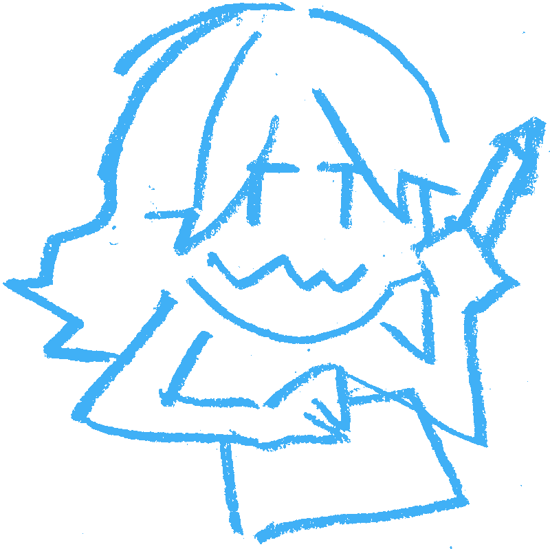 A drawing of Sammy, one arm holding up her head with a pencil in it, the other resting on a piece of paper.